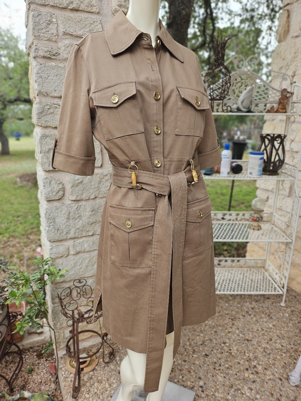 Milly of New York Taupe Utility Shirt Dress with Gold Hardware